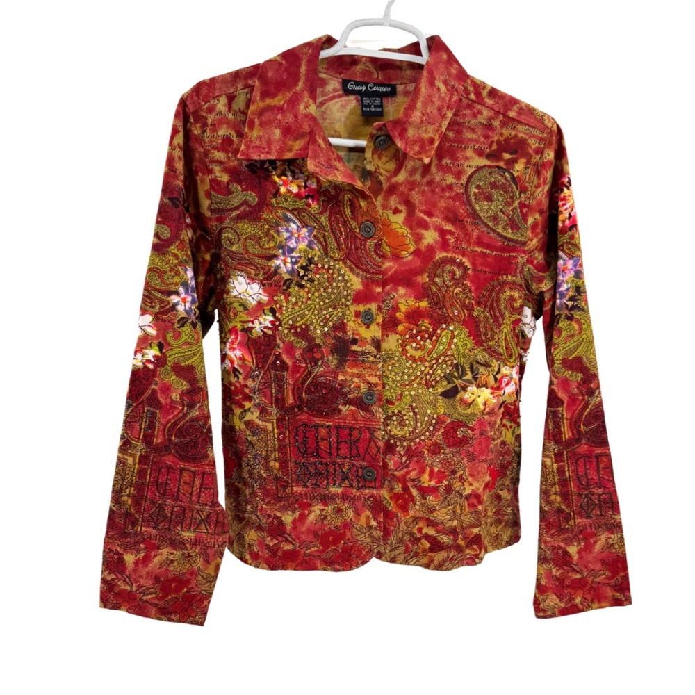 Candy Couture Red Paisley Women's Blouse S cotton sequin beaded colorful LS